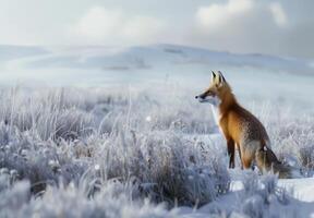 A red fox quietly explores a serene winter landscape, surrounded by shimmering frost-covered grass under a soft, cloudy sky photo