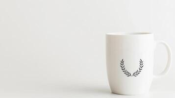A white coffee mug with a laurel wreath on it photo