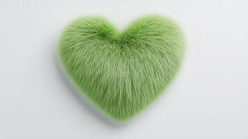 A hyper-realistic fluffy heart in green colors exudes warmth and softness, set against a clean, neutral backdrop, emphasizing its unique texture and shape photo