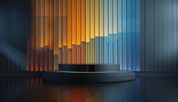 A visually striking abstract setup showcases a podium surrounded by colorful bar graphs, conveying a sense of growth and innovation photo