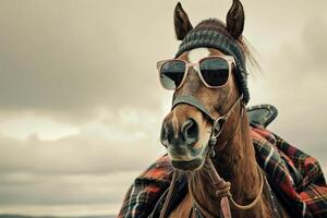 A horse with sunglasses and a beanie hat stands proudly under a cloudy sky, showcasing a unique and stylish look in a playful atmosphere photo