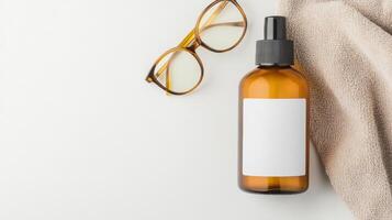 Bottle of essential oil, eyeglasses and towel on white background photo