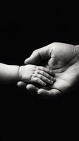 A large hand gently holds a small child's hand, symbolizing love and connection in a striking black and white composition photo