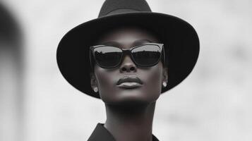 Striking black supermodel presents fierce style as an Italian mafia boss in a sultry urban background at dusk, commanding attention with confidence photo