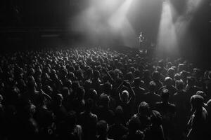 A vibrant crowd of enthusiastic fans stands closely packed in a dark concert space, eagerly anticipating the performance ahead photo