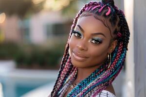 Brightly lit, a Black woman with long, vibrant braids showcases her stunning look while smiling in an outdoor setting filled with greenery photo