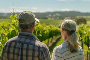 Couple participates in a vineyard tour in Australia, appreciating the lush grapevines and the beautiful landscape on a sunny day photo