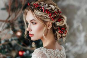 Blonde woman with a stylish updo featuring bright red berries, showcasing an elegant look at a decorative event during the winter season photo