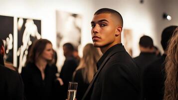 A young man stands at an art gallery looking off-camera, dressed elegantly, holding a glass, while guests socialize in the background photo