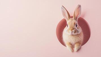 A cute little rabbit curiously peeks out from a round pink opening against a soft pastel background, showcasing its soft fur and endearing features photo