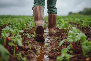 A farmer walks through a muddy field wearing rain boots, navigating between rows of vibrant green crops under cloudy skies photo