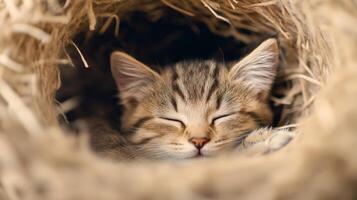 An English shorthair cat rests serenely in a plush nest, enjoying a cozy nap as sunlight warms its fur and creates a tranquil atmosphere photo