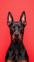 This elegant doberman displays a sleek coat and captivating expression against a vivid red backdrop, showcasing its majestic presence in a unique setting photo
