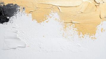 An abstract artwork features bold strokes of black and white merging with shimmering gold photo
