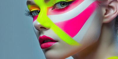 Model features a hyper-realistic close-up with bold neon face paint and vibrant makeup, highlighting artistry and creativity in beauty design photo
