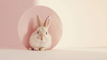 A fluffy rabbit curiously emerges from a pastel pink circle, showcasing its adorable features in a serene indoor atmosphere with warm lighting photo