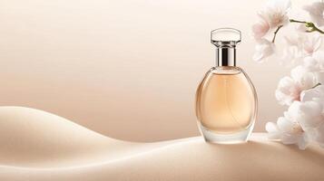 A sleek perfume bottle rests on smooth sand, enhanced by soft floral accents against a tranquil beige background photo