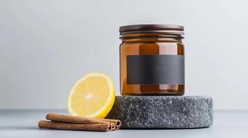 An amber jar sits on a gray stone, featuring a blank label, accompanied by a fresh lemon slice and cinnamon sticks, perfect for showcasing products photo