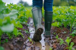 A farmer navigates a muddy field wearing rain boots, tending to crops under light rainfall in early morning photo