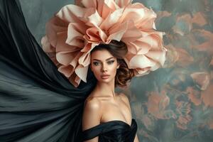 The striking woman showcases elegance in a black gown adorned with a large flower headpiece against a softly patterned floral background photo