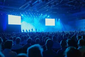 Hundreds of attendees gather in a brightly lit venue, captivated by the performance on stage, surrounded by vibrant blue lighting photo