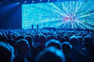 Numerous attendees are focused on a spectacular visual presentation at a lively event in a large venue photo