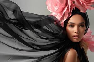 Beautiful woman poses gracefully in a flowing black dress and headscarf, adorned with large pink flowers, showcasing elegance and style photo