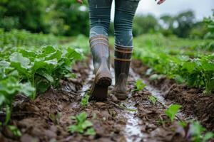 A farmer moves steadily through a muddy field, rain boots squelching in the soft earth while tending to growing crops on a cloudy day photo