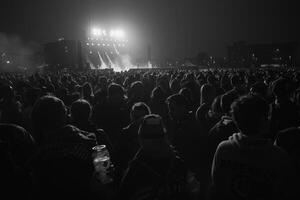 A vast audience gathers under bright stage lights at night, enjoying a live performance in a bustling city atmosphere photo
