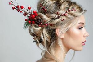 Blonde woman showcases a stylish updo featuring berries and pinecones, enhancing her graceful profile in a serene atmosphere photo