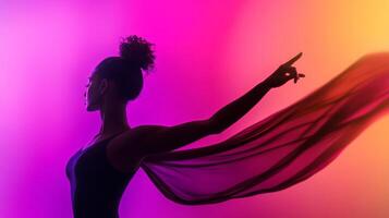 A modern cumbia dancer displays graceful movements with flowing fabric against a backdrop of vivid colors, embodying rhythm and style photo