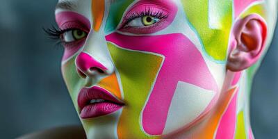This striking close-up showcases a model adorned with bold, colorful face paint, capturing intricate details of her expression photo