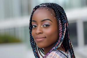 A Black woman showcases her long colorful braids while smiling gently, highlighting her stylish appearance in an outdoor setting photo