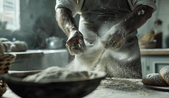 A man in an apron sprinkles flour on dough in a cozy kitchen, focusing on his crafting of bread while surrounded by baking essentials photo