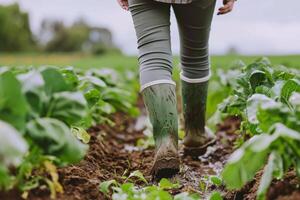A farmer navigates through muddy soil in rain boots, tending to young crops on a cloudy day, reflecting dedication to agriculture photo