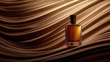 Cognac bottle stands prominently against a warm wood backdrop, showcasing its amber hue and sleek design, inviting a sense of sophistication and indulgence photo