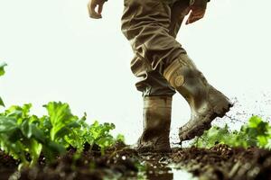 A farmer wearing rain boots navigates a muddy field, stepping carefully among green crops while the sky remains overcast photo