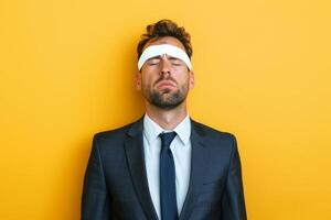 A man in a formal suit humorously wears a headband bandage while striking a playful pose against a bright yellow backdrop photo