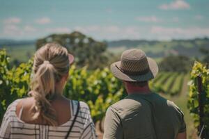 A family leisurely explores a vineyard in Australia, surrounded by lush grapevines and beautiful rolling hills on a sunny day photo