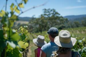 Family members explore a picturesque vineyard in Australia, surrounded by lush grapevines and scenic hills on a sunny day photo