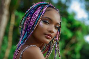 Black woman with intricate colorful braids showcases her style and confidence in an outdoor setting surrounded by lush greenery photo