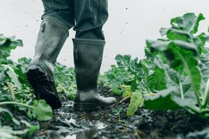 A farmer in rain boots strolls through muddy fields, caring for crops on a wet, overcast day during the growing season photo