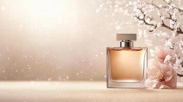 A beautifully designed perfume bottle is set against a sandy beige background, complemented by soft flowers and gentle light enhancing its elegance photo