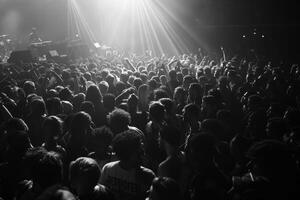 A large gathering of concertgoers engage passionately at a live music event, immersed in the atmosphere created by the lighting photo