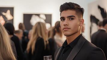 A beautiful young man stands at an art exhibition, dressed in formal attire, staring thoughtfully away from the camera amidst a lively crowd photo