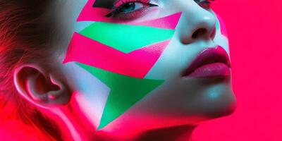 Model showcases a striking close-up with colorful face paint against a vivid background, capturing an artistic and modern aesthetic photo