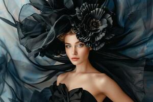 A beautiful woman dressed in an elegant black gown adorned with a large floral headpiece showcases her captivating beauty against a soft background photo