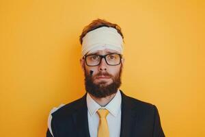 A man with a bandage on his head looks seriously at the camera while dressed in formal attire, set against a vibrant yellow background photo
