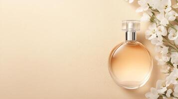 Elegant perfume bottle positioned on a delicate sand and floral beige background, creating an atmosphere of refinement and beauty, ideal for personal spaces photo