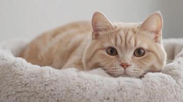 A fluffy English shorthair cat lies comfortably in a soft nest, enjoying a peaceful afternoon indoors, exuding a sense of tranquility and contentment photo